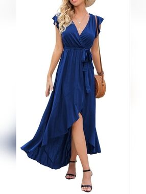 Grecerelle L Blue Wrap Maxi Dress Flutter Sleeves 3433-AB